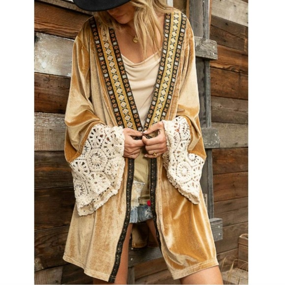 POL Sweaters - POL velvet lace trim bohemian statement cardigan multicolor large